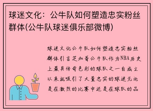 球迷文化：公牛队如何塑造忠实粉丝群体(公牛队球迷俱乐部微博)