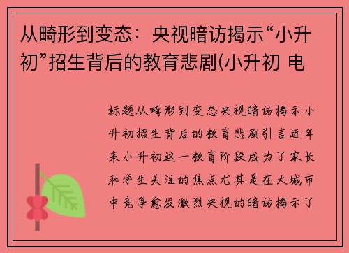 从畸形到变态：央视暗访揭示“小升初”招生背后的教育悲剧(小升初 电视)