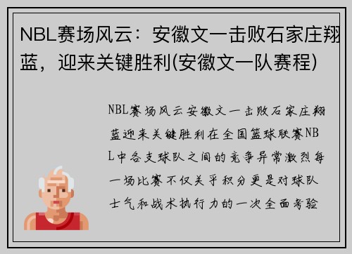 NBL赛场风云：安徽文一击败石家庄翔蓝，迎来关键胜利(安徽文一队赛程)
