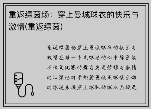 重返绿茵场：穿上曼城球衣的快乐与激情(重返绿茵)