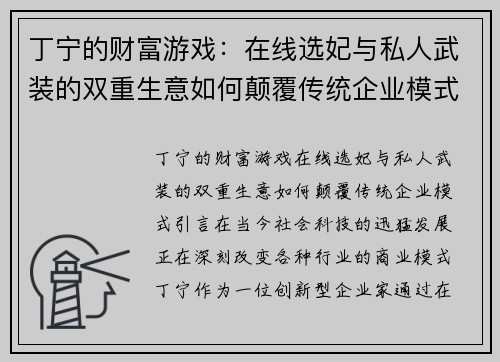 丁宁的财富游戏：在线选妃与私人武装的双重生意如何颠覆传统企业模式