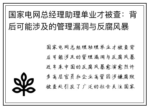 国家电网总经理助理单业才被查：背后可能涉及的管理漏洞与反腐风暴