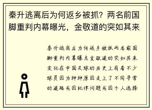 秦升逃离后为何返乡被抓？两名前国脚重判内幕曝光，金敬道的突如其来变化