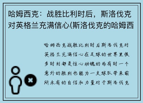 哈姆西克：战胜比利时后，斯洛伐克对英格兰充满信心(斯洛伐克的哈姆西克)