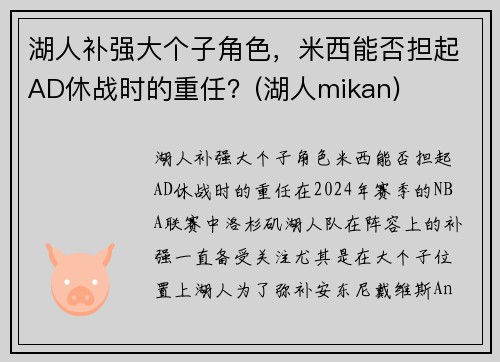 湖人补强大个子角色，米西能否担起AD休战时的重任？(湖人mikan)
