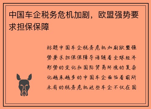 中国车企税务危机加剧，欧盟强势要求担保保障