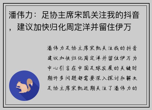 潘伟力：足协主席宋凯关注我的抖音，建议加快归化周定洋并留住伊万
