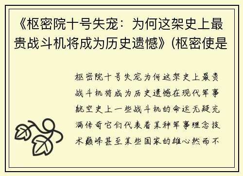 《枢密院十号失宠：为何这架史上最贵战斗机将成为历史遗憾》(枢密使是个什么职位)