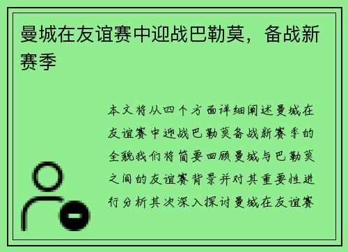 曼城在友谊赛中迎战巴勒莫，备战新赛季