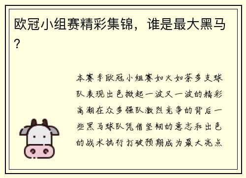 欧冠小组赛精彩集锦，谁是最大黑马？