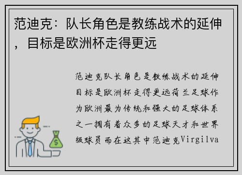 范迪克：队长角色是教练战术的延伸，目标是欧洲杯走得更远