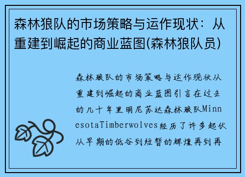 森林狼队的市场策略与运作现状：从重建到崛起的商业蓝图(森林狼队员)